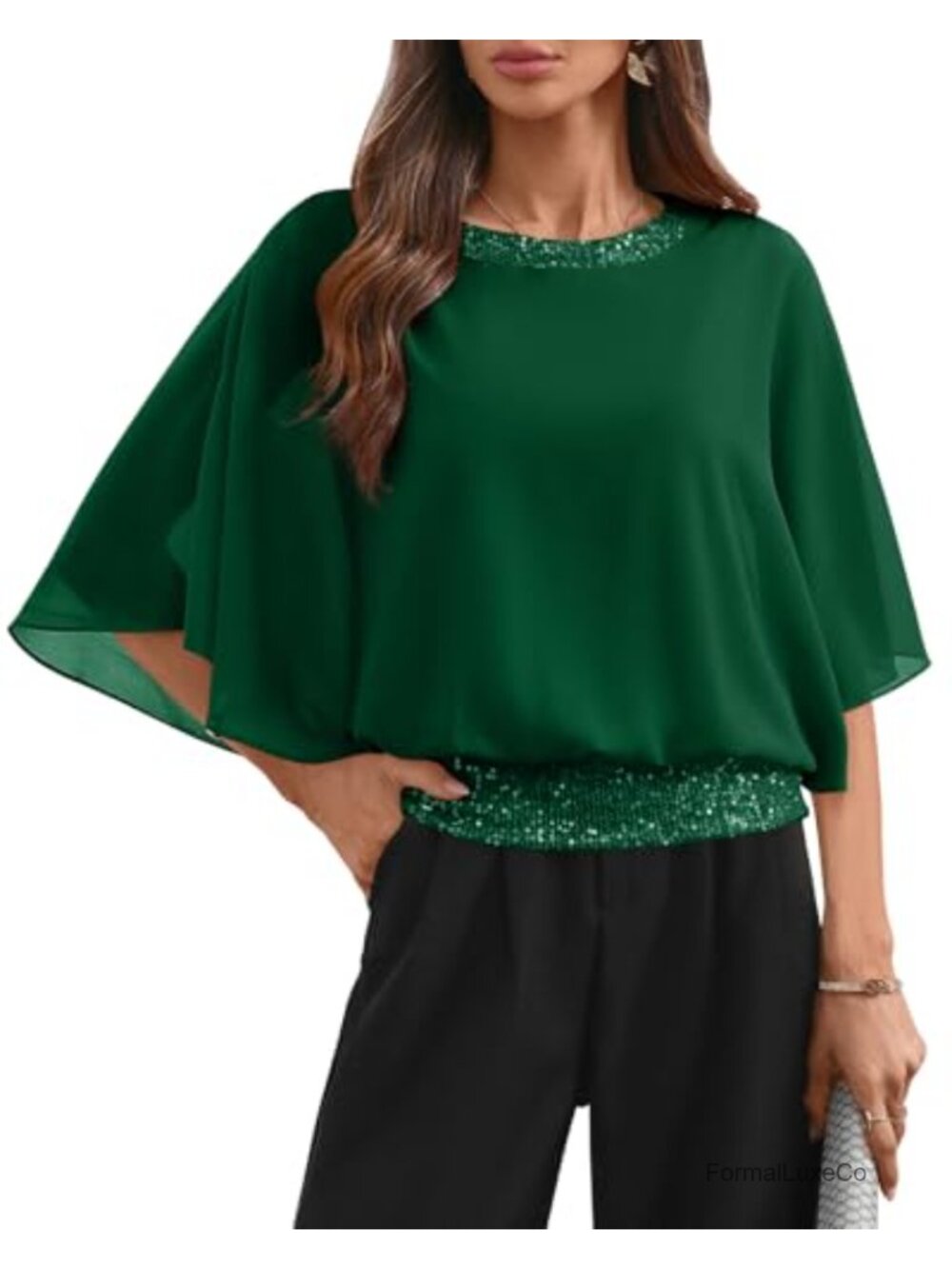 Sequin Formal Wedding Top Batwing Sleeve Chiffon Party Shirt